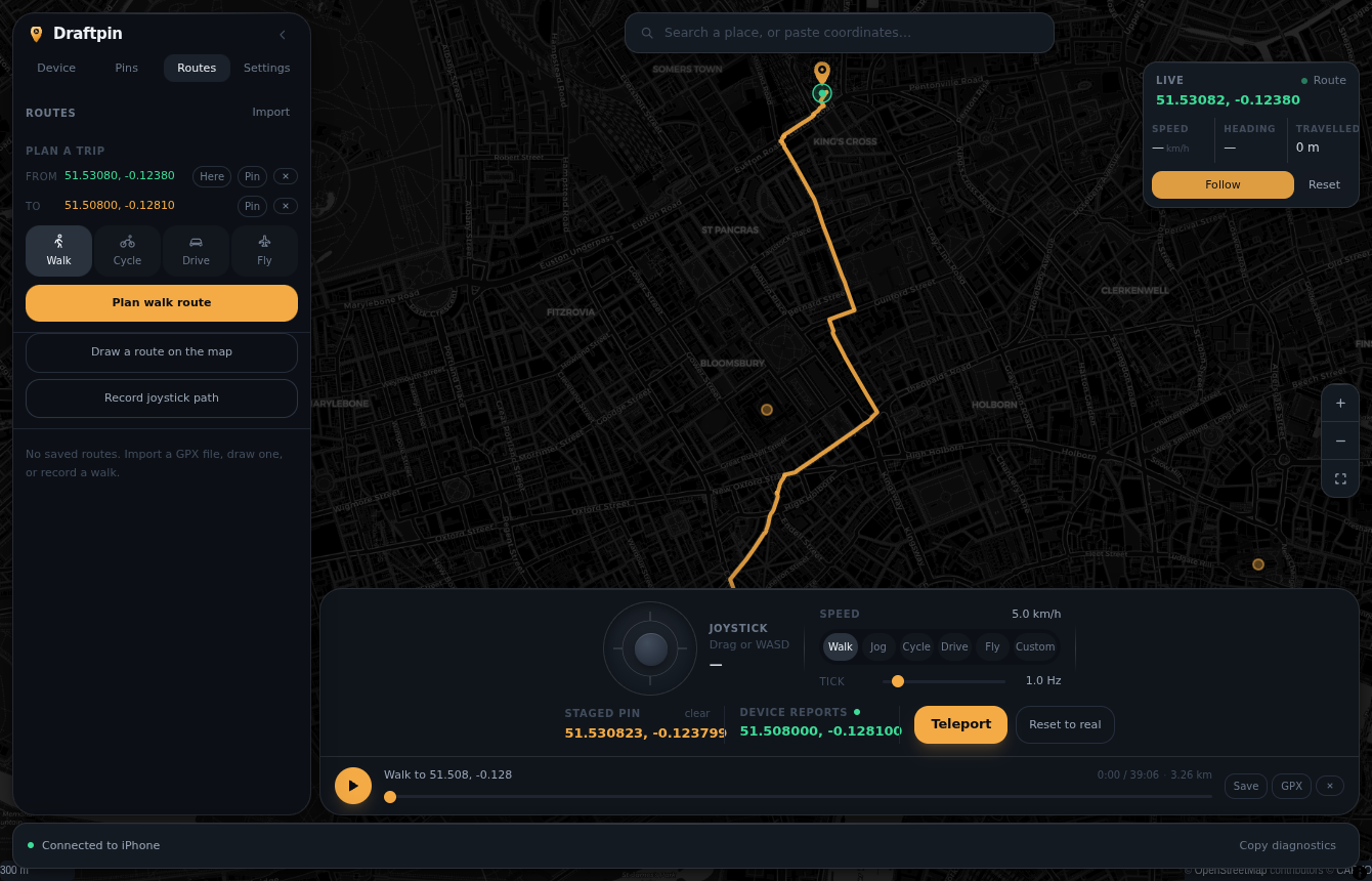 Draftpin showing a dark map of London with a planned route and the movement controls along the bottom.