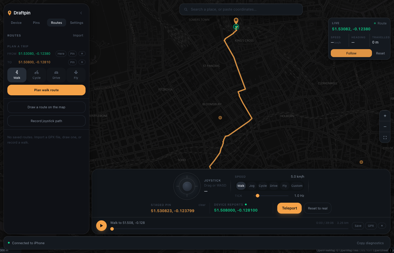 Draftpin on macOS with a planned route on a dark map.