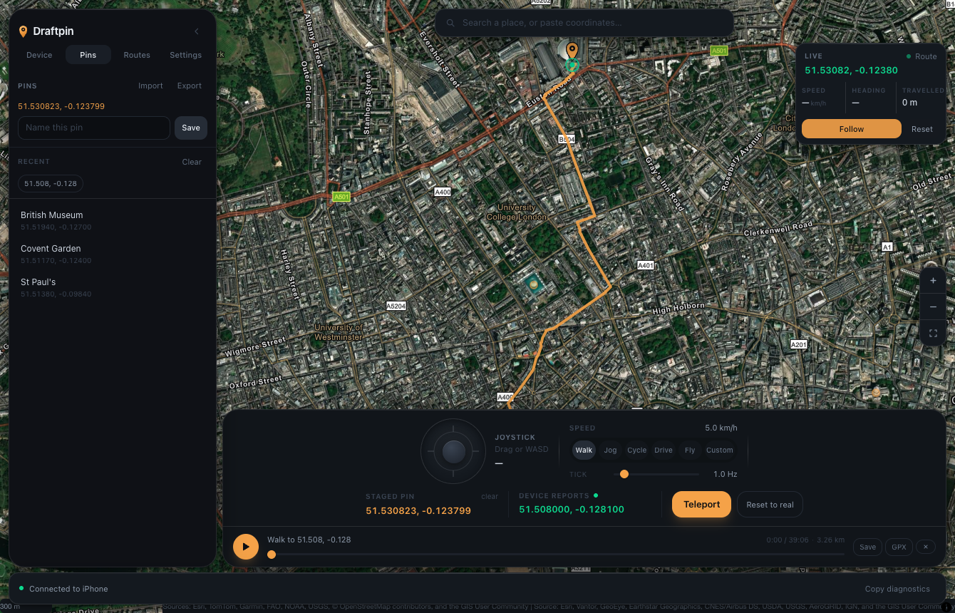Draftpin on macOS over satellite imagery, with saved pins in the sidebar.
