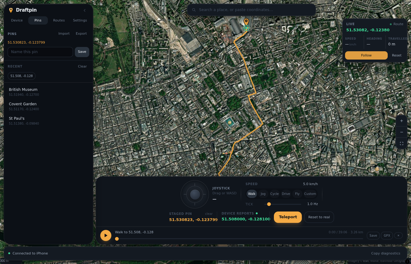 Draftpin over satellite imagery of London with saved places marked on the map.