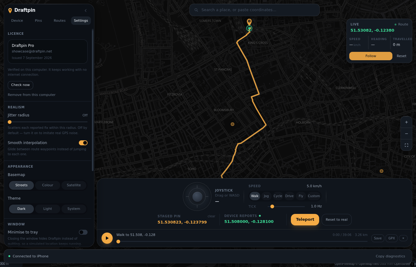 Draftpin on Windows with the settings panel open, showing tick rate, drift and basemap options.
